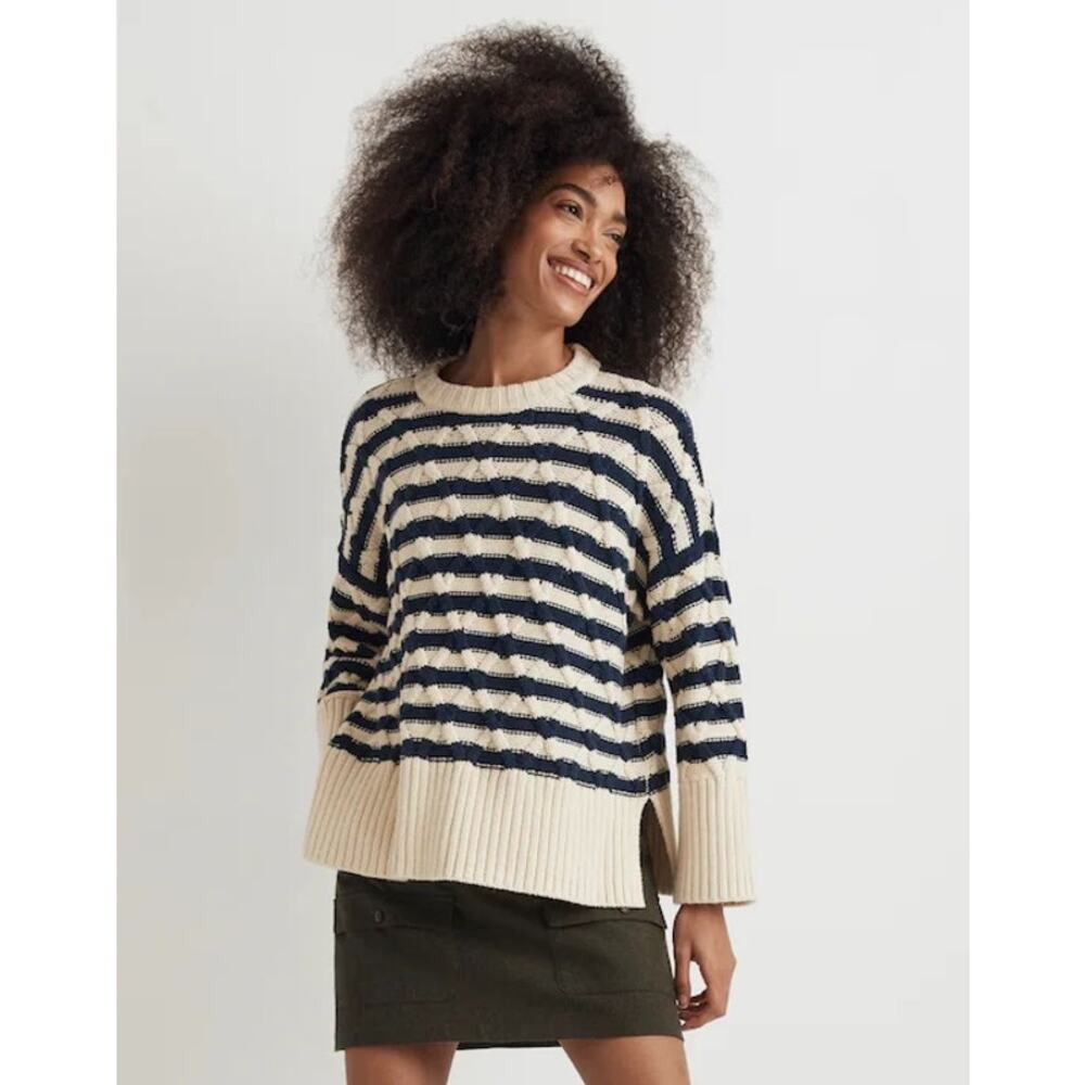 Madewell Cable-Knit Oversized Crewneck Sweater Women’s XXL Ecru Stripe